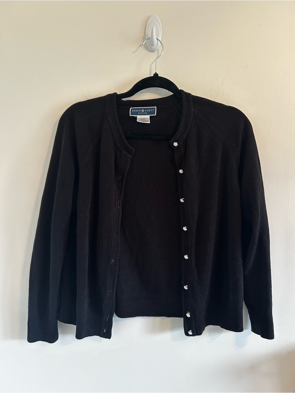 Karen Scott Black Pearl-Button Crew Cardigan